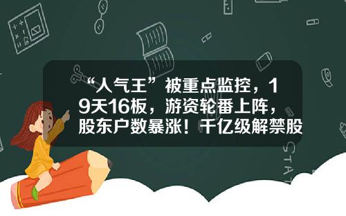 “人气王”被重点监控，19天16板，游资轮番上阵，股东户数暴涨！千亿级解禁股名单出炉，光伏组件龙头压力最大-股票资讯管理系统