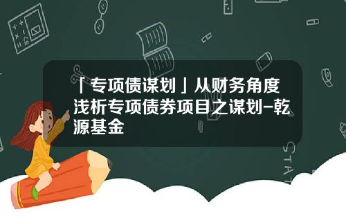「专项债谋划」从财务角度浅析专项债券项目之谋划-乾源基金