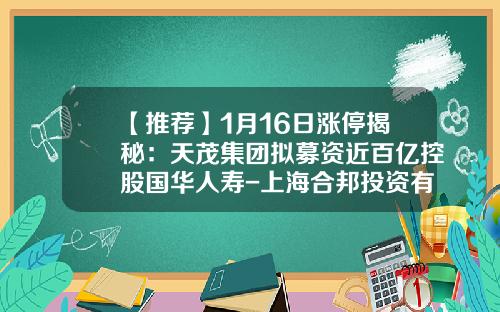 【推荐】1月16日涨停揭秘：天茂集团拟募资近百亿控股国华人寿-上海合邦投资有限公司