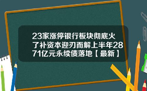 23家涨停银行板块彻底火了补资本迎刃而解上半年2871亿元永续债落地【最新】